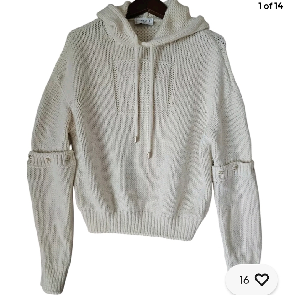 CHANEL Ivory Logo Cashmere Silk Stretch‎ Knit Hoodie Sweater Button SleeveP6511